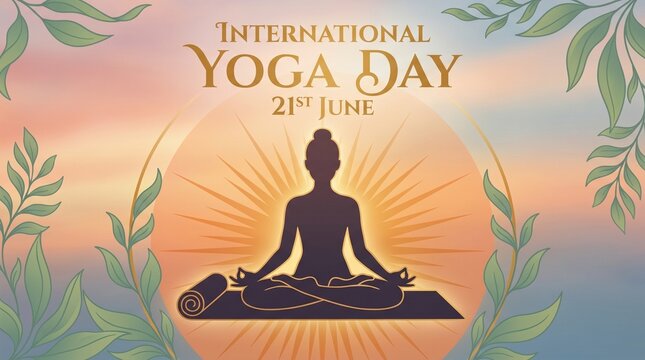 International yoga day poster with woman in meditation pose sitting against mandal sunset background.
