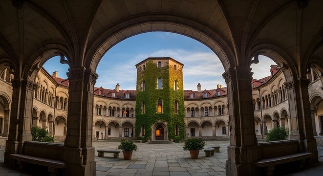 The peaceful interior courtyard of an old European castle features a majestic ivy covered tower at sunset