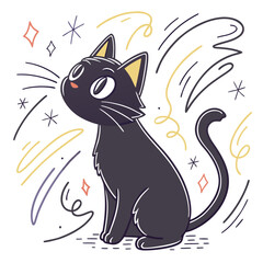 Black cat sitting with colorful abstract shapes. © Ella