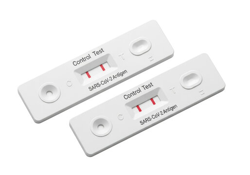 Two white plastic rapid antigen test kits showing positive and negative results with red lines on a sterile white background. Medical diagnostics concept