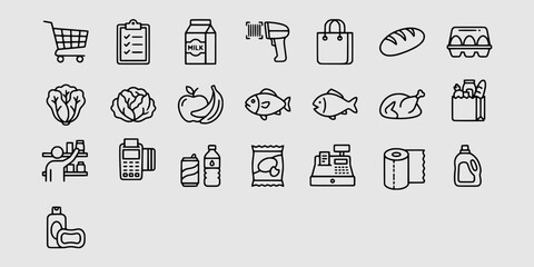 Icon set collection of supermarket shopping elements, including fresh produce, dairy, checkout equipment, retail symbols, and essential household grocery items icons. © Raka Firdaus 