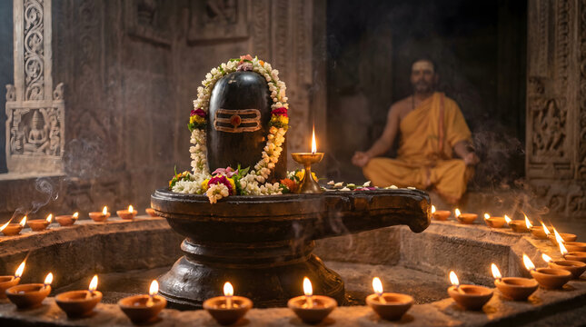 A serene scene of a decorated Shiva Lingam surrounded by diyas with a meditating monk in the background.