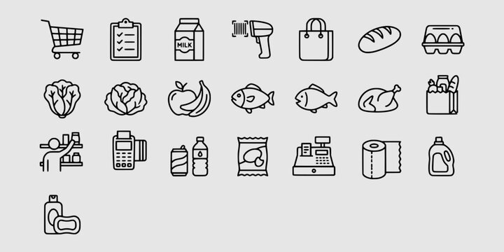 Icon set collection of supermarket shopping elements, including fresh produce, dairy, checkout equipment, retail symbols, and essential household grocery items icons.