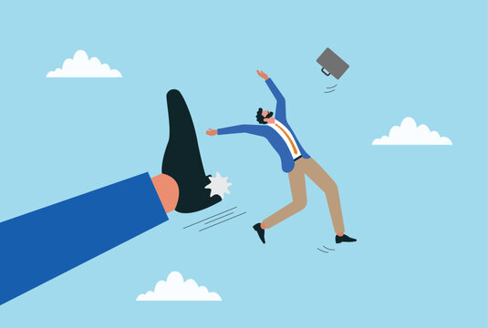 Vector illustration of businessman being kicked away by giant foot, symbolizing job dismissal, business rejection, workplace conflict, unemployment, and career setback concept

