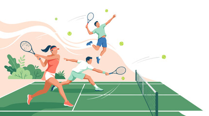 Two Players Compete on an Outdoor Tennis Court in a Dynamic Summer Match. © Kyle