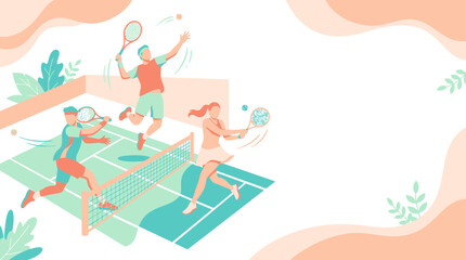 Obraz premium Energetic outdoor group plays volleyball on a bright court with a net and jumping players.