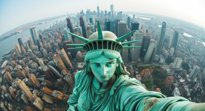 Iconic Statue of Liberty Standing Tall Against Blue Sky New York USA Landmark