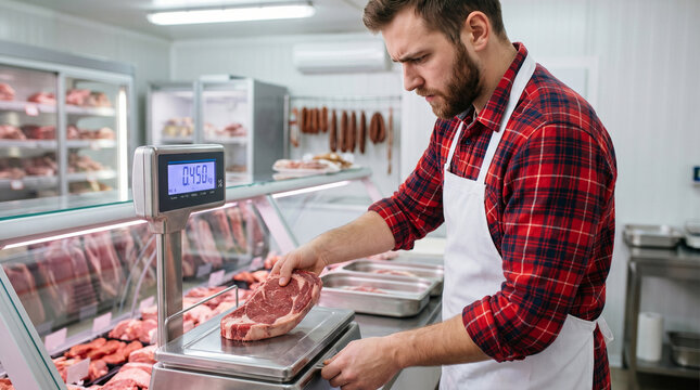 Male butcher weighing raw beef steak on scale in meat shop