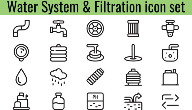 A useful icon set featuring essential elements of water systems and filtration for purification and treatment applications