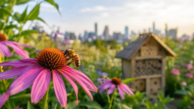 Large coneflower in the left foreground with bee hotel and skyline in a sunny city garden. Great for World Bee Day, pollinator habitat, and native planting content.