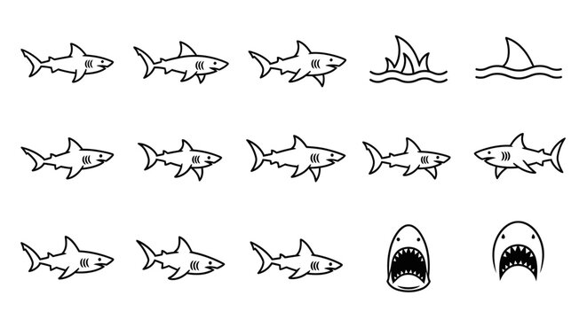 An animated shark sprite sheet showing various swimming motions, fin breaching water, and an aggressive open mouth, ideal for game assets or ocean-themed visuals