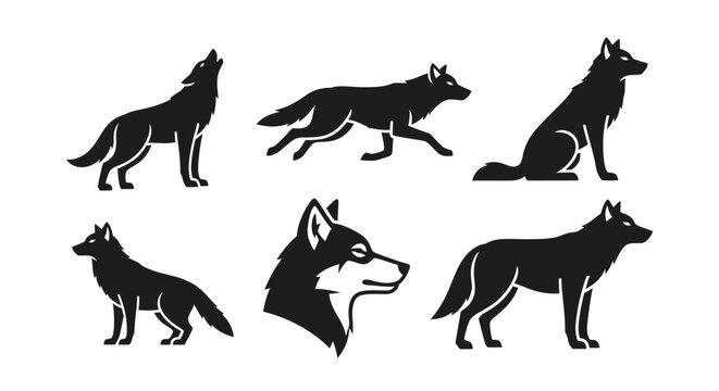 Silhouette Illustrations of Wolves in Various Poses and Actions