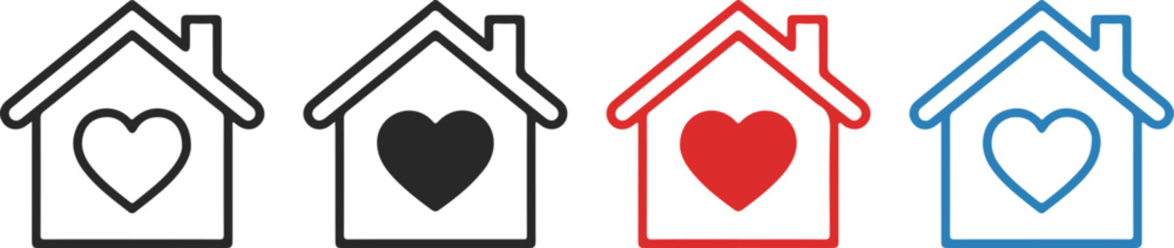 Home love house icon set with heart symbol in outline solid and colored styles for real estate care and housing concepts