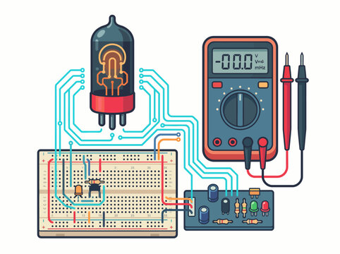 This detailed illustration captures vintage electronic components, a multimeter, and a breadboard, highlighting the intricate connections and artistic style of retro circuitry in bright colors.