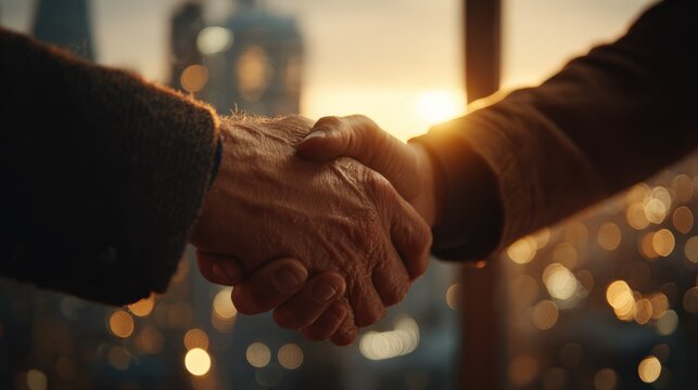 Cinematic Handshake Between Business Professionals in Penthouse Office with Data Streams