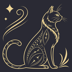 Celestial golden cat illustration with starlight. © cu