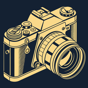 Retro camera drawing featuring wide angle lens slr.