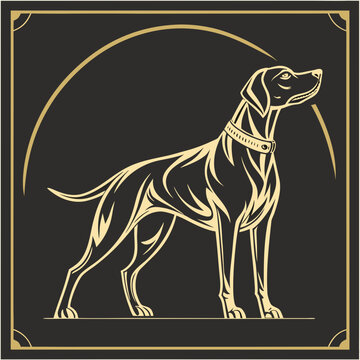 Stately pointer dog vector in golden linear style.