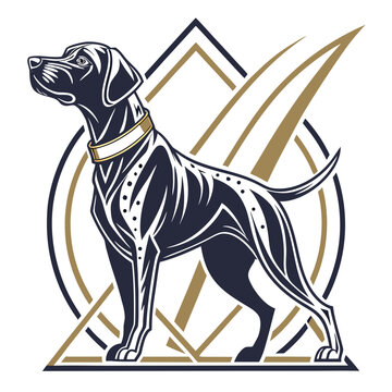 Elegant pointer dog illustration in golden outline.