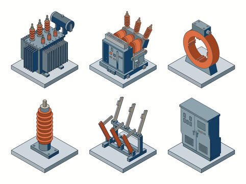 This illustration features various types of power distribution equipment including transformers, insulators, and circuit breakers, essential for electrical systems.