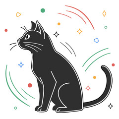 Minimalist black cat illustration sitting artful. © cu