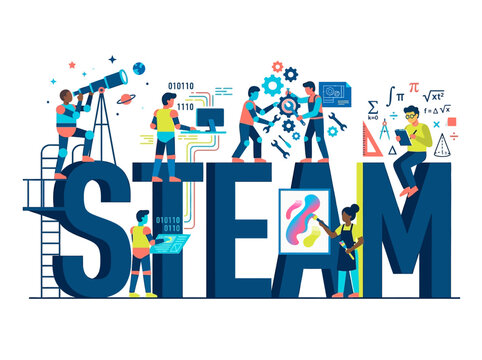 STEAM Education Concept Illustration with Diverse Characters Engaging in Science, Technology, Engineering, Arts, and Mathematics