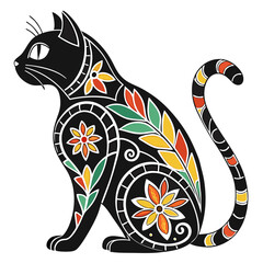 Stylized black cat with decorative flower patterns. © cu