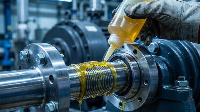 Applying yellow grease lubricant to threaded shaft of industrial pump bearing for smooth operation and maintenance in factory setting mechanical equipment repair.