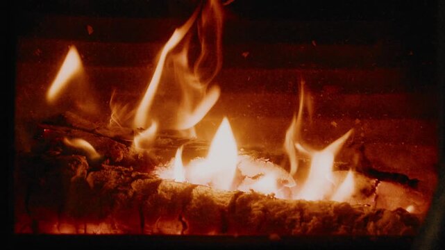 fire in fireplace ambience close up 
