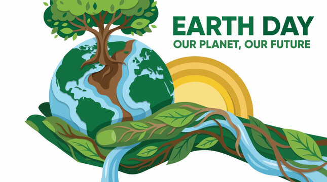 An artistic portrayal for Earth Day, featuring the Earth sustained by hands and a tree, symbolizing environmental conservation and our responsibility for nature.