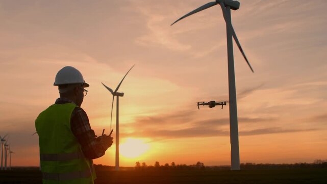 Male engineer wearing safety helmet and work uniform operates a drone controller while standing near a large wind turbine. Sunset in the background, drone inspection of renewable energy equipment