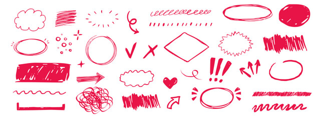 Plakat Highlight crayon scribble red crayon hand drawn round rough elements, borders, underlines. Freehand ovals, arrows, scribbles doodle. Chalk pencil ellipse frames, 