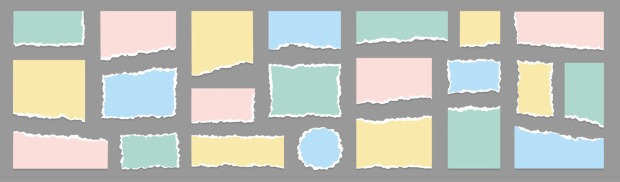 Paper torn note texture set. Hand drawn paper torn note with edge tear rip frame old sheet. Pink blue green yellow scrapbook memo vintage picture border realistic background. Vector illustration