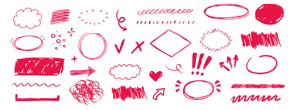 Highlight crayon scribble red crayon hand drawn round rough elements, borders, underlines. Freehand ovals, arrows, scribbles doodle. Chalk pencil ellipse frames, 