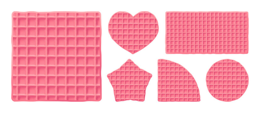 Waffle pink round biscuit for belgian dessert, tasty wafer texture icon. Square strawberry stroopwafel and star candy baked food, pattern background. Isolated cute cookie heart, sweet syrup pancake 3d