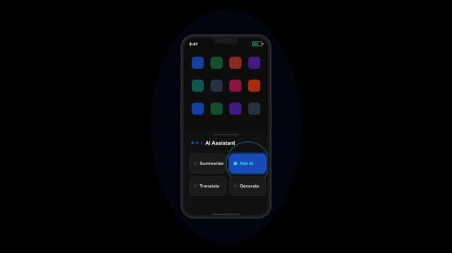 Phone screen displaying app icons and a blue button for mobile technology concepts, app development, digital marketing, technology presentations.