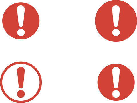Warning exclamation mark icon set featuring red alert symbols in circular shapes for safety notification and attention design