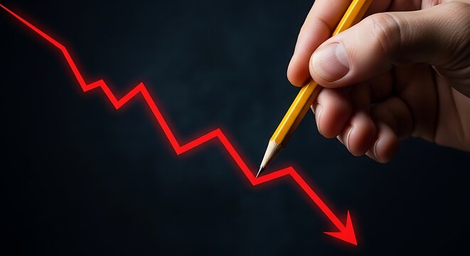 Financial crisis concept with red falling graph, hand drawing downward trend line with pencil, economic recession and market crash visualization
