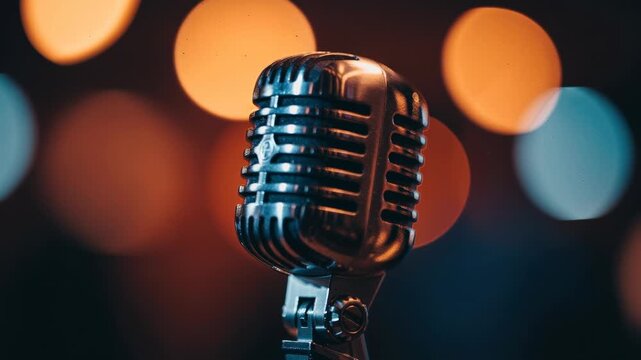 Vintage microphone close up with colorful bokeh background for music performance or podcast