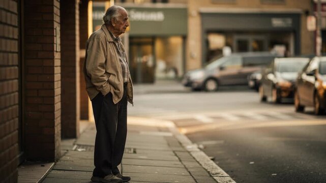 Elderly man standing alone on urban sidewalk near street with parked cars in soft warm light