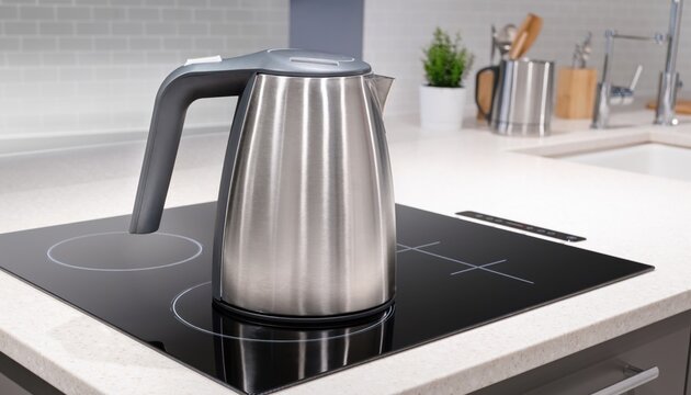 Brushed stainless steel electric kettle on a black glass induction stovetop in a modern kitchen with white tile backsplash, light stone countertops and blurred background utensils.