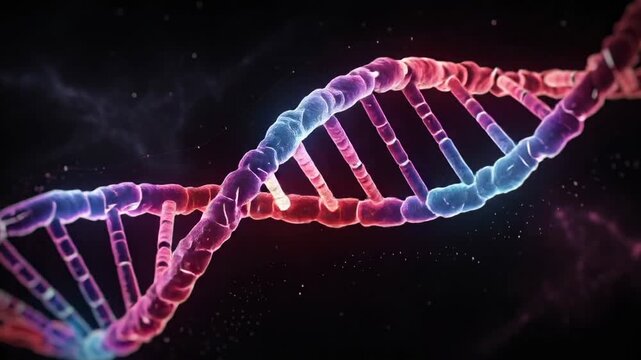 Close up view of colorful DNA double helix strand with glowing molecular structure on dark background