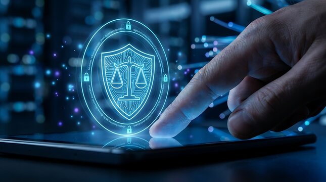 Digital security and justice concept with glowing scales of justice shield and human finger touching screen representing online legal protection and data safety technology.