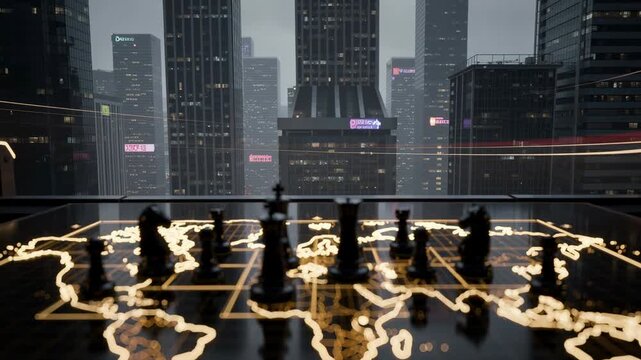 Strategic chess game on illuminated world map with city skyline background for business and planning