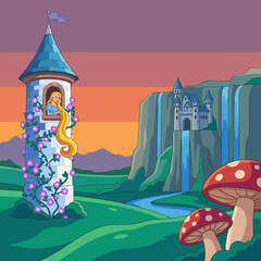 This enchanting image depicts a princess with long hair gazing out of a tower window, surrounded by beautiful scenery of mountains and a majestic castle in the evening light.