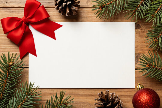 Red ribbon bows above a blank card on wooden surface. Top view.