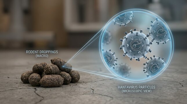 Rodent droppings magnified to show hantavirus particles, microscopic view of infectious virus on laboratory floor.
