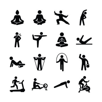 Set of fitness and exercise icons showing various workout poses