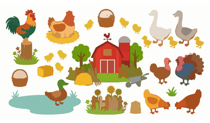 Cartoon farm birds vector set ducks geese chickens eggs illustration © Wahida