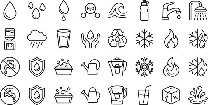 Water and environment icon set with drop faucet recycling rain bottle snow flame and conservation symbols in outline style